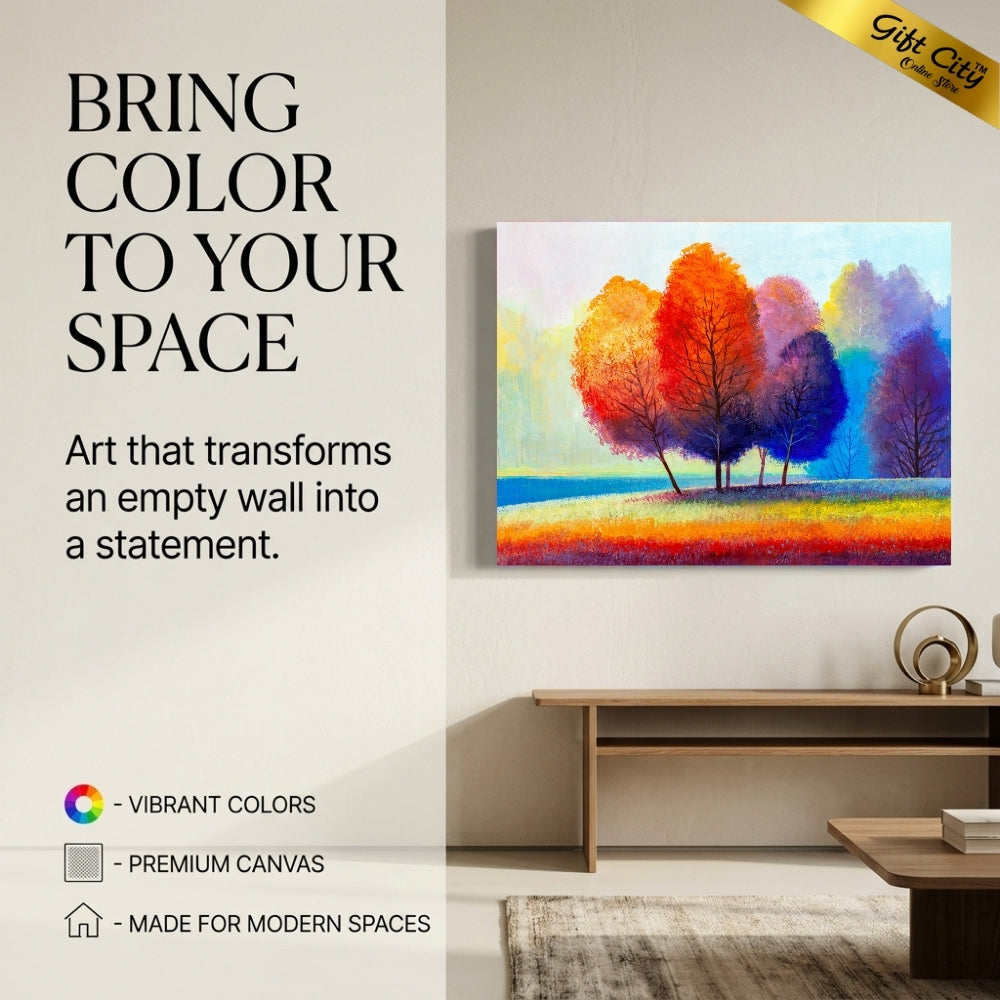 Colorful Autumn Trees Canvas Painting Wall Art with Wooden Frame | Vibrant Nature Landscape Painting