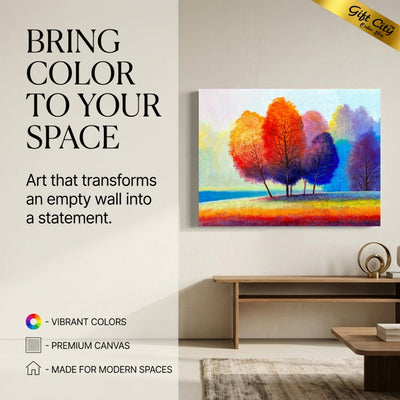 Colorful Autumn Trees Canvas Painting Wall Art with Wooden Frame | Vibrant Nature Landscape Painting