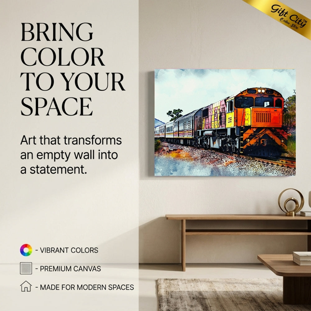 Scenic Train Journey Canvas Painting Wall Art with Wooden Frame | Railway Landscape Painting for Home Decor