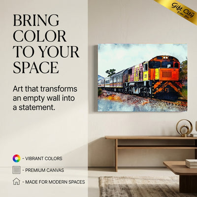 Scenic Train Journey Canvas Painting Wall Art with Wooden Frame | Railway Landscape Painting for Home Decor