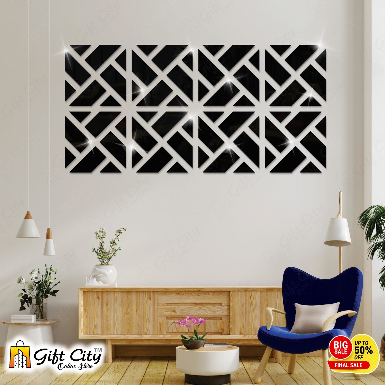 Geometrical Acrylic Mirror Black 3D Panels Wall Art For Living Room, Bedroom and Bathroom