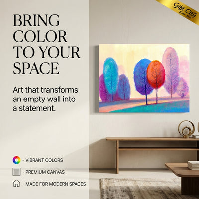 Colorful Autumn Trees Canvas Painting Wall Art with Wooden Frame | Abstract Forest Landscape Painting