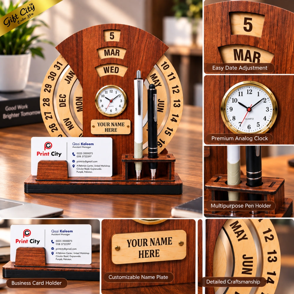 Gift City Presents Infinite Circular Calendar with Pen and Card Holder | Desk Accessories & Corporate Gift - Customizable Text & Photo