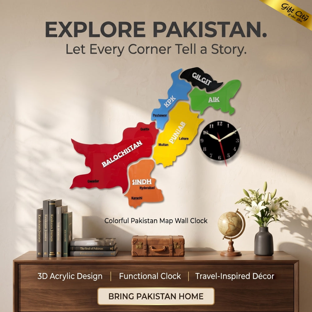 Gift City Presents Acrylic Colorful Pakistan Map Wall Art | Travel Agency | Modern Home & Office Decor | 3D National Pride Map