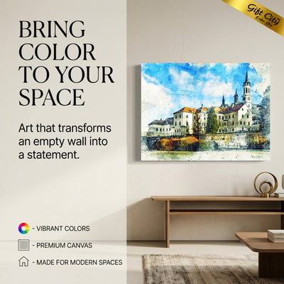 European Village Canvas Painting Wall Art with Wooden Frame | Old Town Landscape Painting for Home Decor
