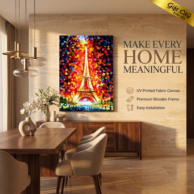 Paris Eiffel Tower Lighted Palette Knife Oil Canvas Painting | Paris Night Canvas Wall Art