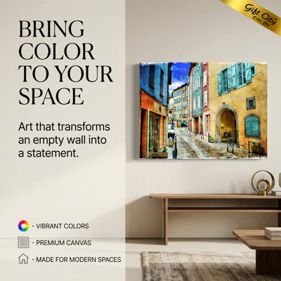Street Scene Canvas Painting Wall Art with Wooden Frame | Urban Landscape Painting for Home Decor