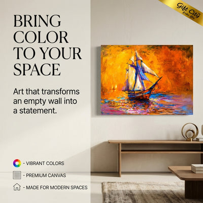Yacht Sunset Canvas Painting Wall Art | Seaside Boat Artwork for Home & Office Decor