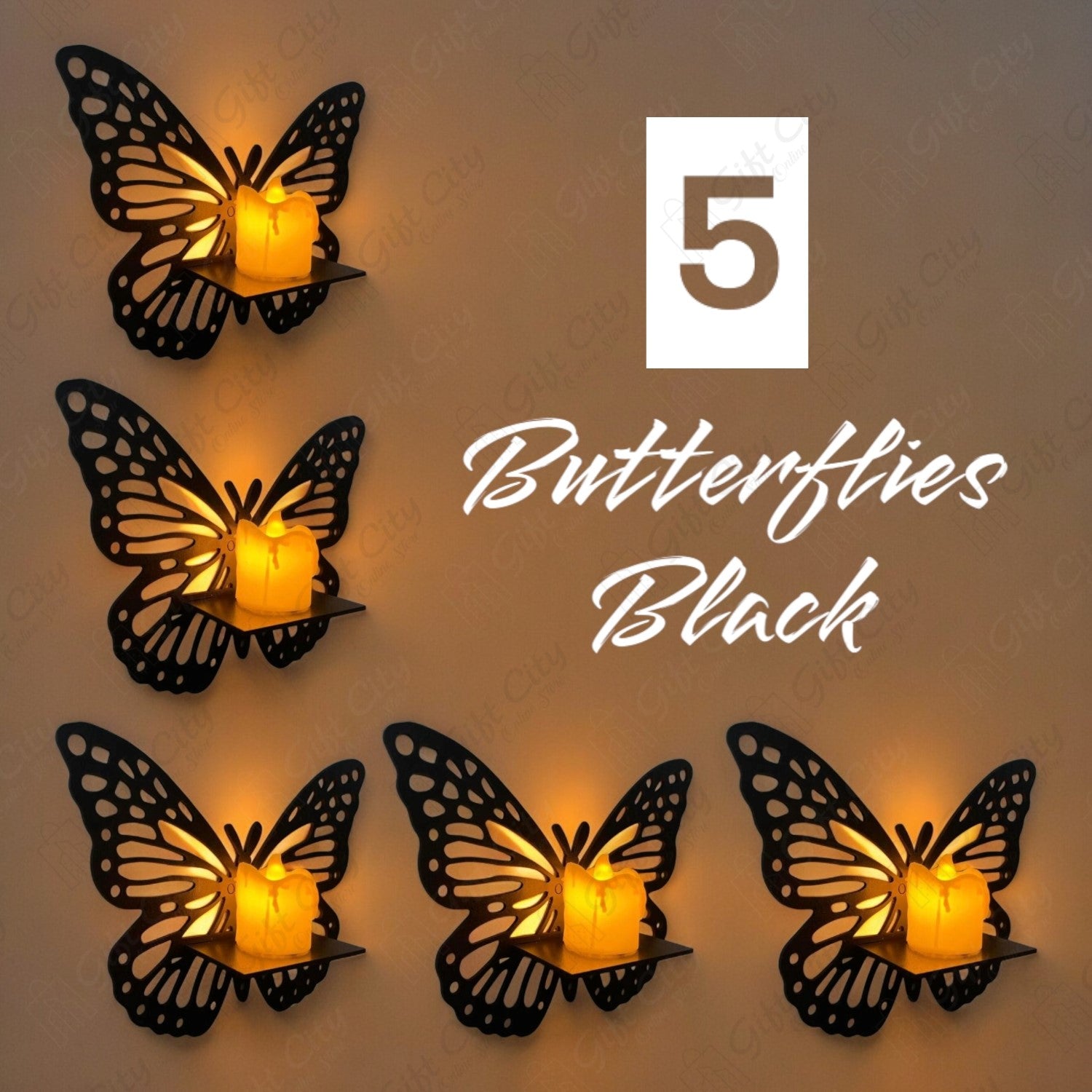 Gift City Presents Premium Wooden Butterfly Wall Shelf - Decorative Candlestick Holder, Black - Gift City Online Store
