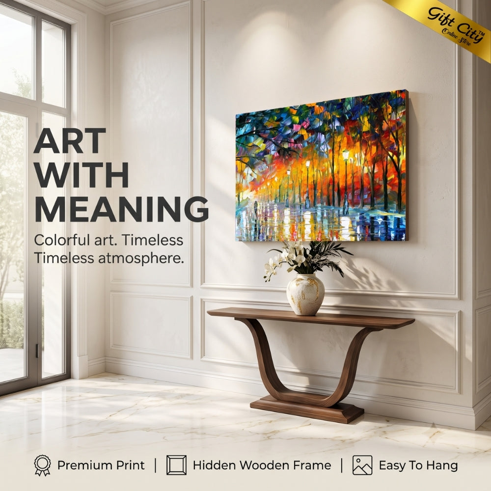 Rainy Street Light Canvas Painting Wall Art with Wooden Frame | Colorful Palette Knife Painting