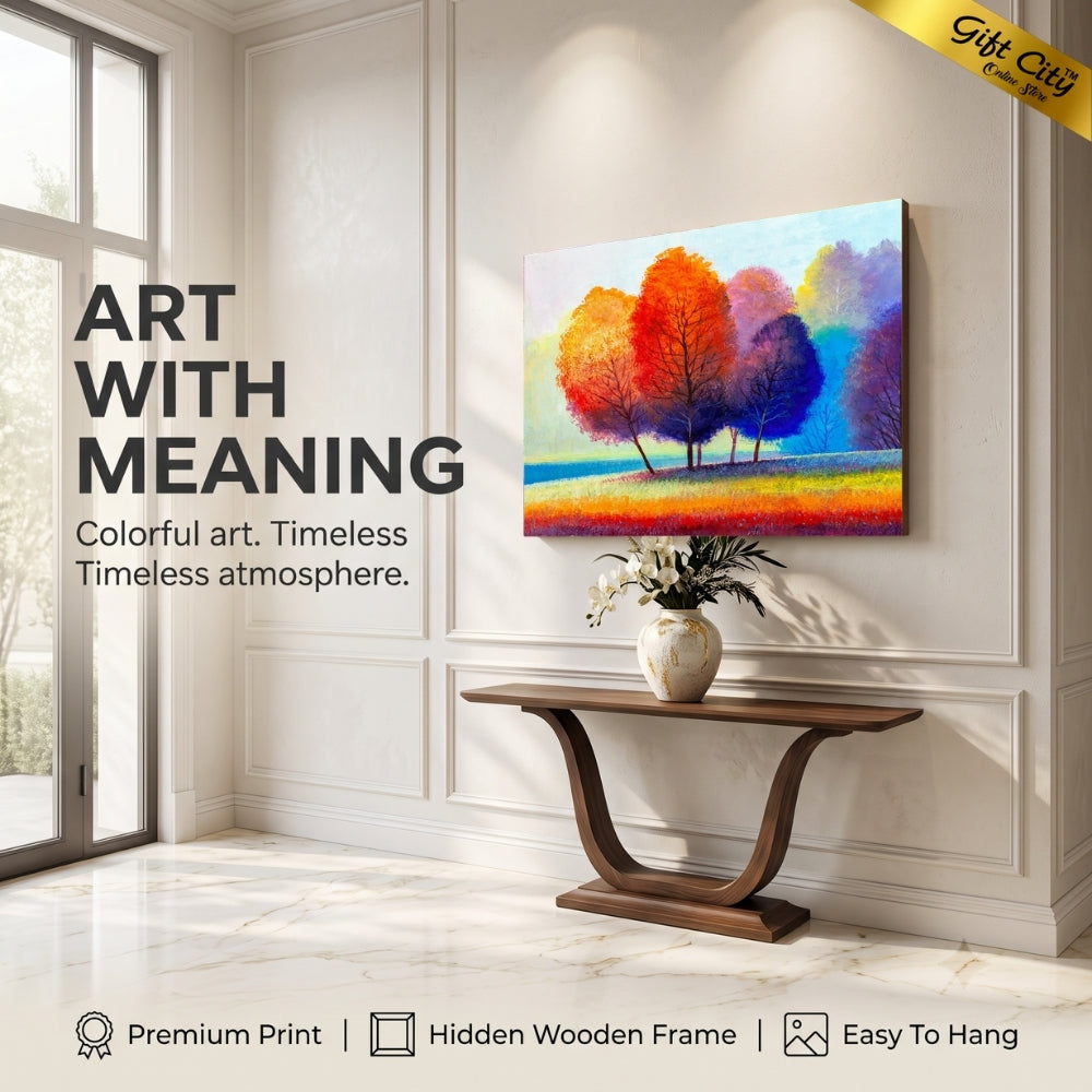 Colorful Autumn Trees Canvas Painting Wall Art with Wooden Frame | Vibrant Nature Landscape Painting