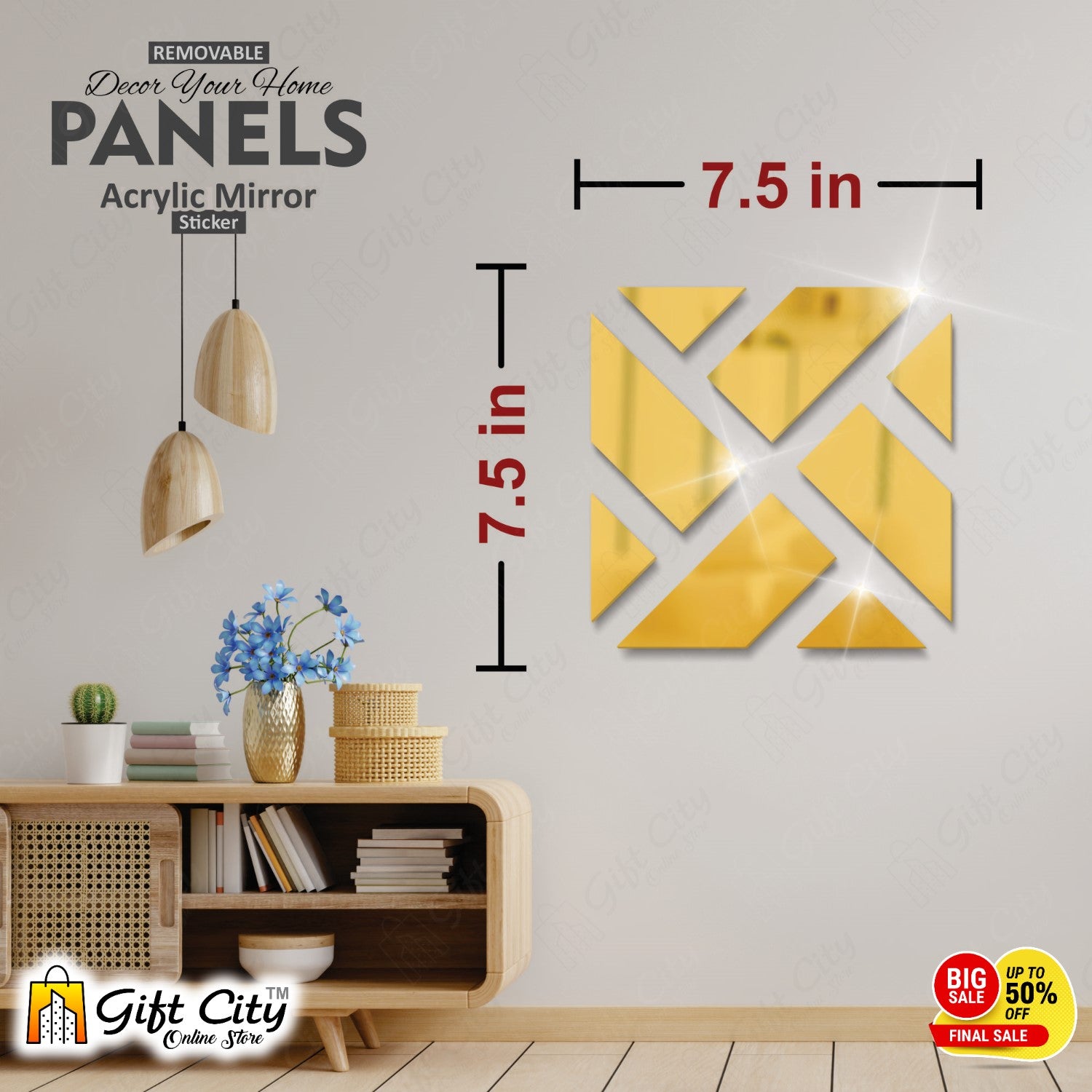 Geometrical Acrylic Mirror Golden 3D Panels Wall Art 