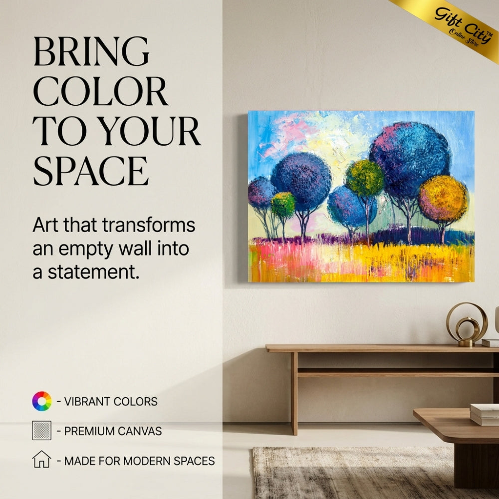 Abstract Rainbow Trees Canvas Wall Art with Wooden Frame | Colorful Nature Painting for Home Decor