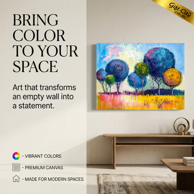 Abstract Rainbow Trees Canvas Wall Art with Wooden Frame | Colorful Nature Painting for Home Decor