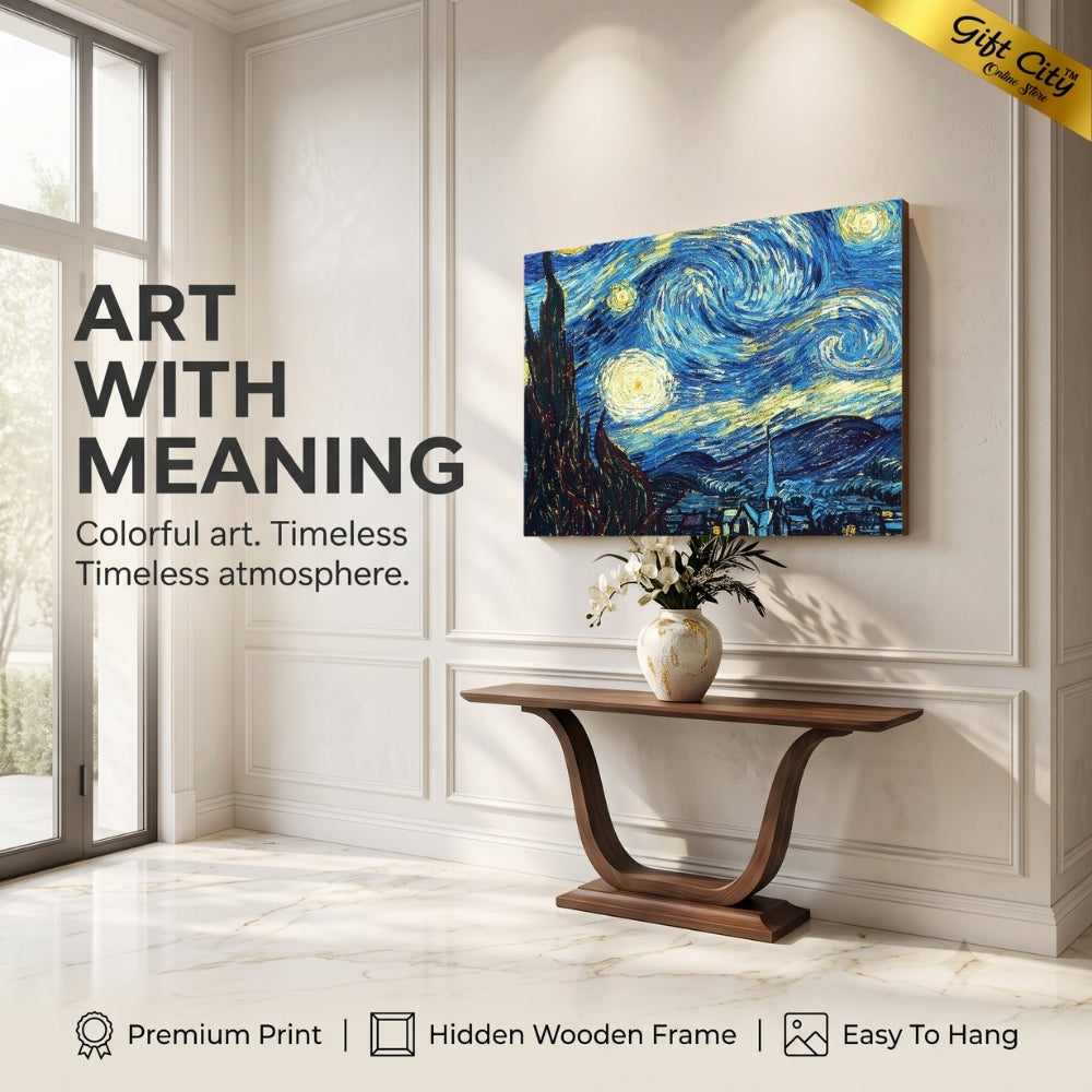 Starry Night Canvas Painting Wall Art | Van Gogh Inspired Night Sky Painting with Wooden Frame