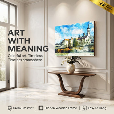 European Village Canvas Painting Wall Art with Wooden Frame | Old Town Landscape Painting for Home Decor