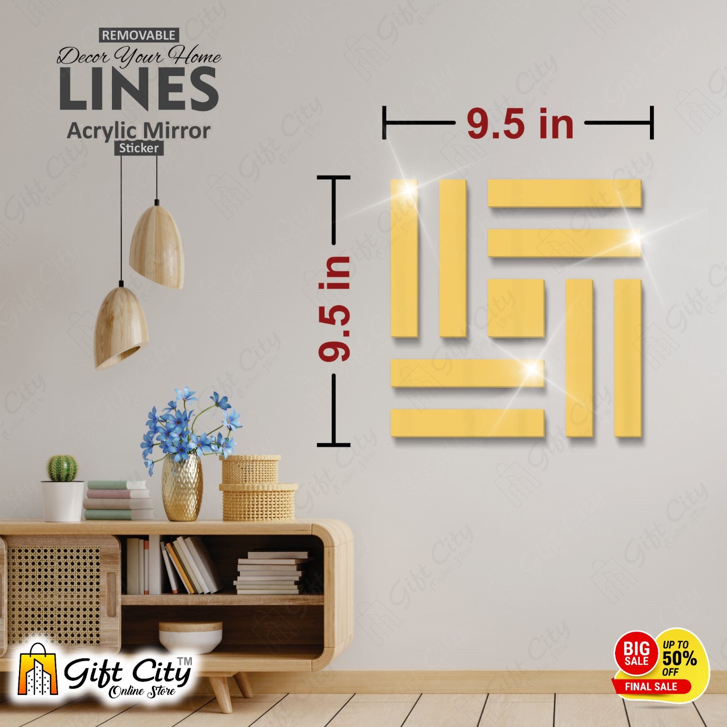 LINES Acrylic Mirror Golden 3D Panels Wall Art For Living Room, Bedroom and Bathroom