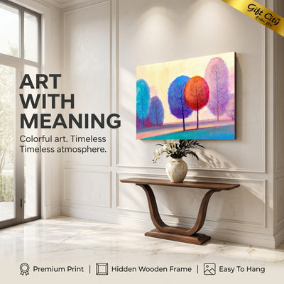 Colorful Autumn Trees Canvas Painting Wall Art with Wooden Frame | Abstract Forest Landscape Painting