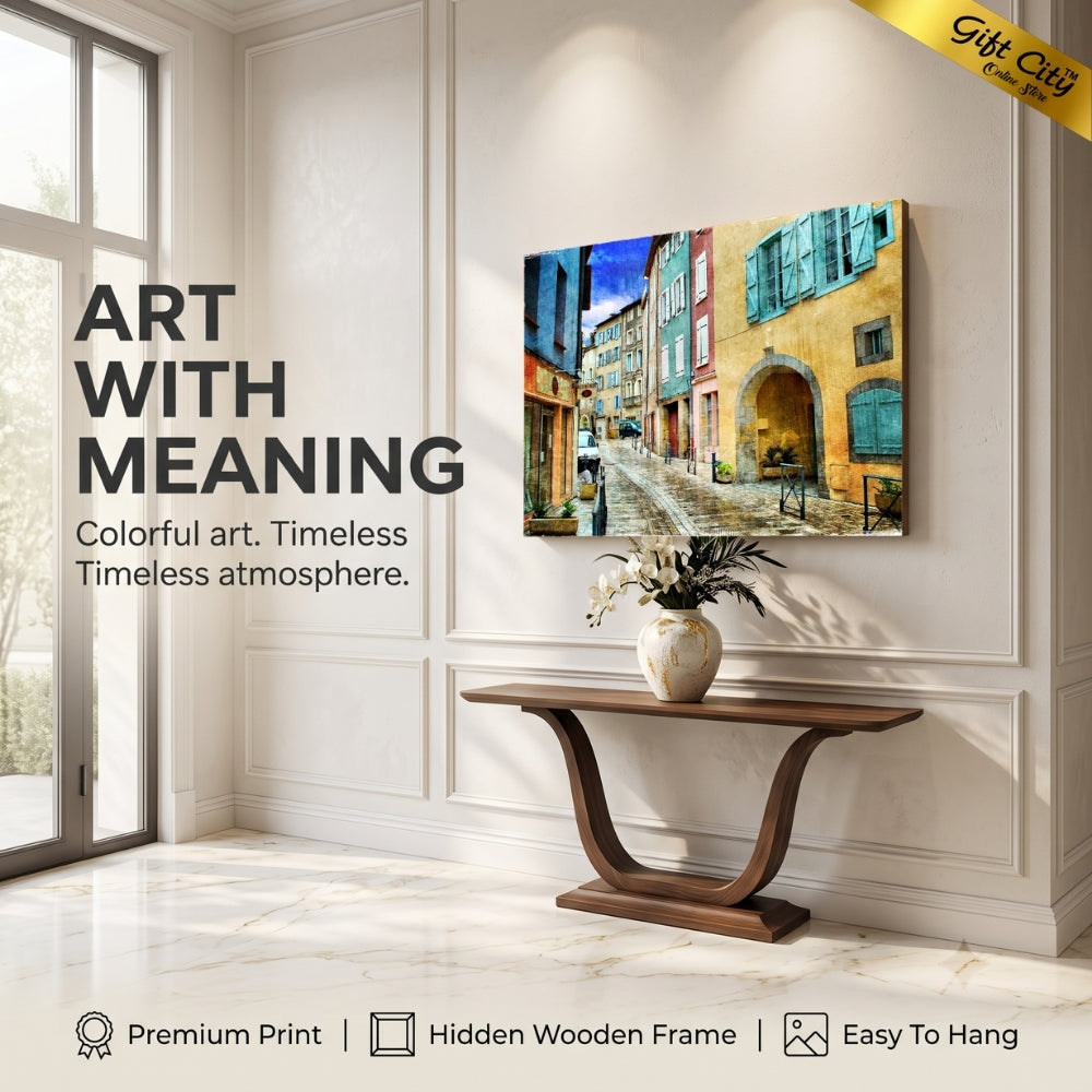 Street Scene Canvas Painting Wall Art with Wooden Frame | Urban Landscape Painting for Home Decor