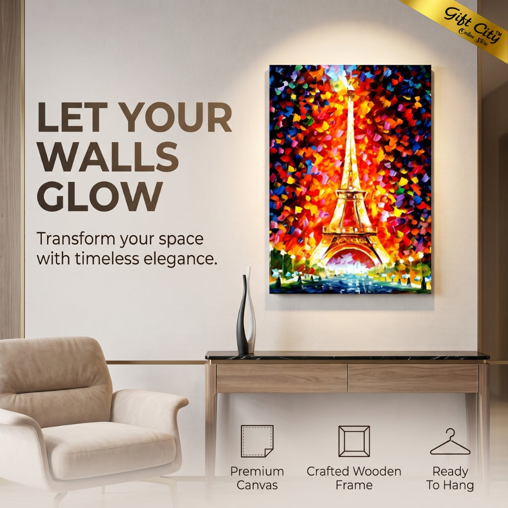Paris Eiffel Tower Lighted Palette Knife Oil Canvas Painting | Paris Night Canvas Wall Art