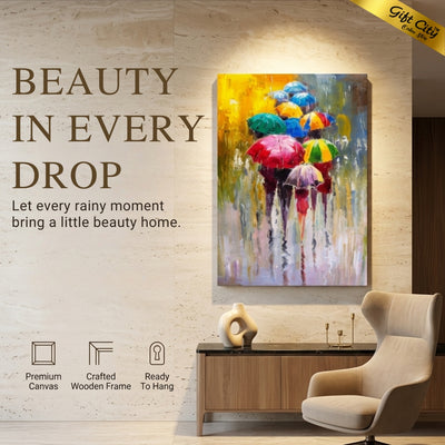 People with Umbrellas in Rain Canvas Painting | Romantic Rainy Scene Wall Art for Home & Office Decor
