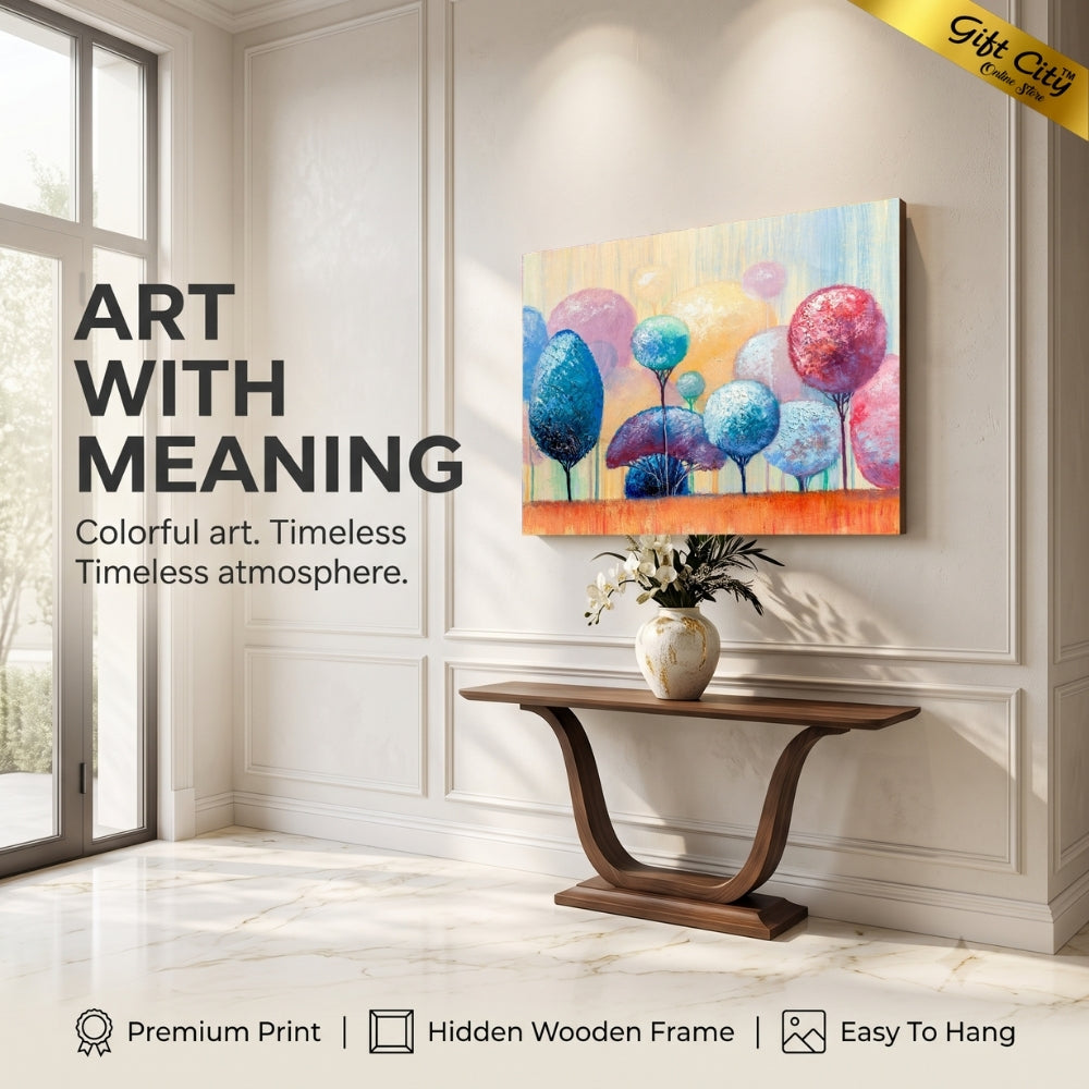 Colorful Ornamental Trees Canvas Painting Wall Art with Wooden Frame | Abstract Park Landscape Painting