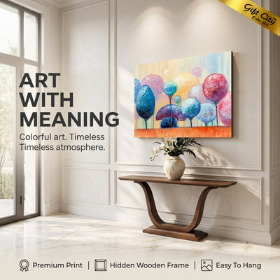 Colorful Ornamental Trees Canvas Painting Wall Art with Wooden Frame | Abstract Park Landscape Painting