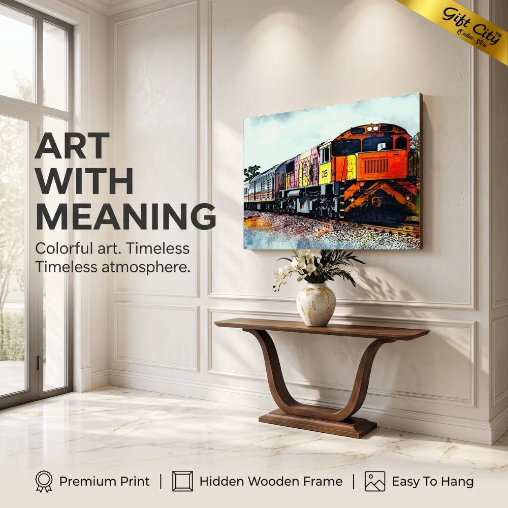 Scenic Train Journey Canvas Painting Wall Art with Wooden Frame | Railway Landscape Painting for Home Decor