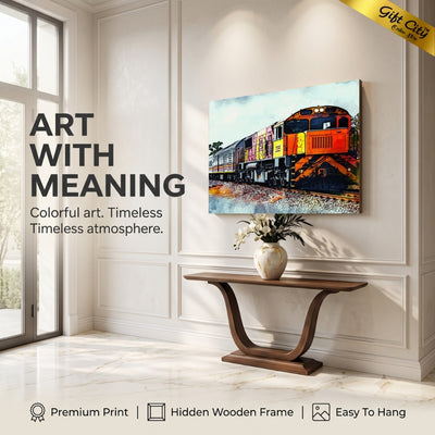 Scenic Train Journey Canvas Painting Wall Art with Wooden Frame | Railway Landscape Painting for Home Decor