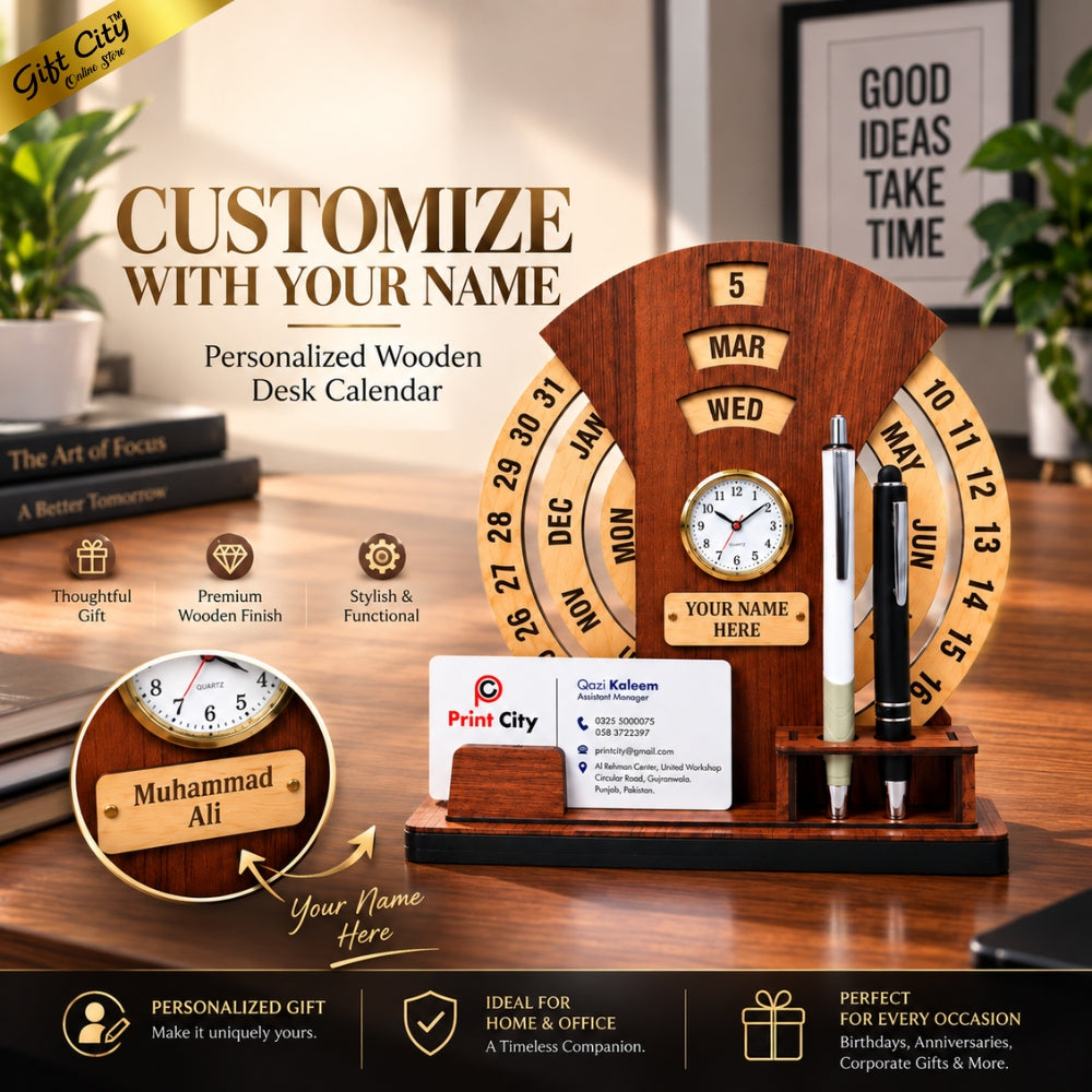 Gift City Presents Infinite Circular Calendar with Pen and Card Holder | Desk Accessories & Corporate Gift - Customizable Text & Photo