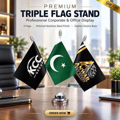 Custom Triple Table Desk Flags with Stainless Steel Stand – Personalized Office Flags with Double-Sided Printing | Gift City