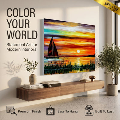 Yacht at Sunset Canvas Painting Wall Art with Wooden Frame | Sea Landscape Painting for Home Decor