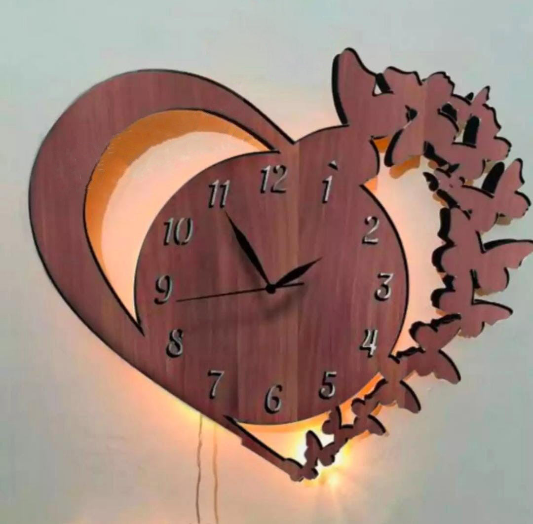 Heart Shape Wooden Wall Clock With Light