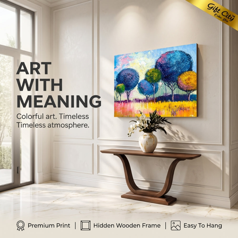 Abstract Rainbow Trees Canvas Wall Art with Wooden Frame | Colorful Nature Painting for Home Decor