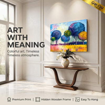 Abstract Rainbow Trees Canvas Wall Art with Wooden Frame | Colorful Nature Painting for Home Decor