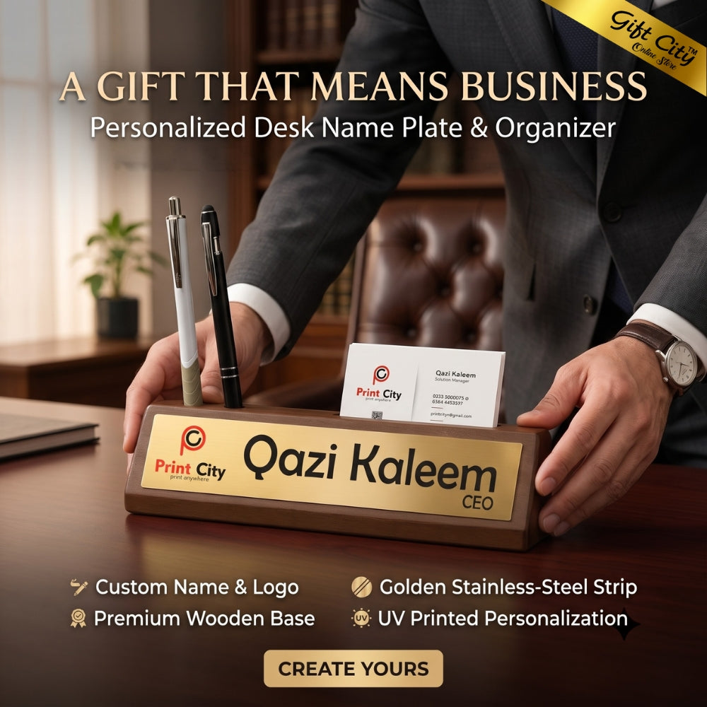Personalized Wooden Desk Name Plate with Pen & Card Holder – Custom Office Table Name Sign | Gift City