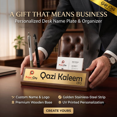 Personalized Wooden Desk Name Plate with Pen & Card Holder – Custom Office Table Name Sign | Gift City