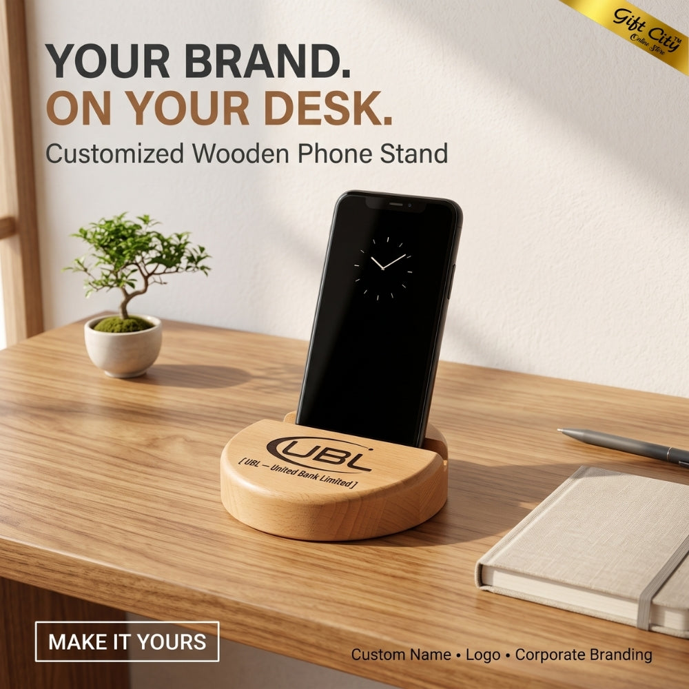 Custom Wooden Mobile Phone Stand | Personalized Logo Desk Mobile Holder