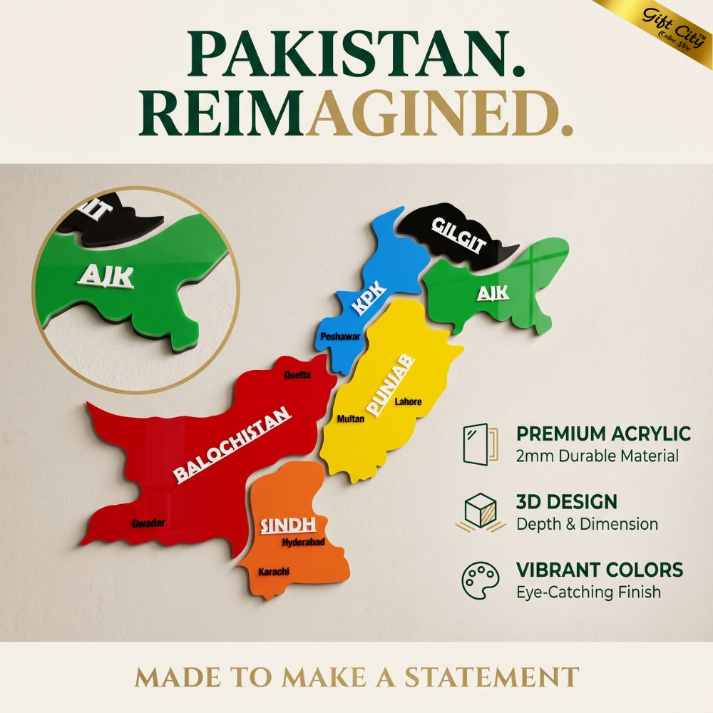 Gift City Presents Acrylic Colorful Pakistan Map Wall Art | Travel Agency | Modern Home & Office Decor | 3D National Pride Map