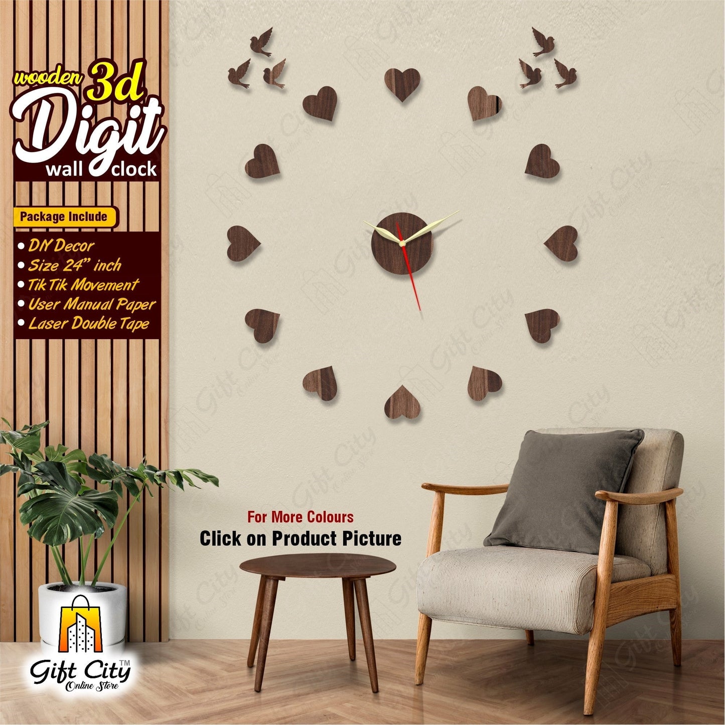 3D Hearts DIY Wall Clock - 24 Inches - Gift City Gift City 