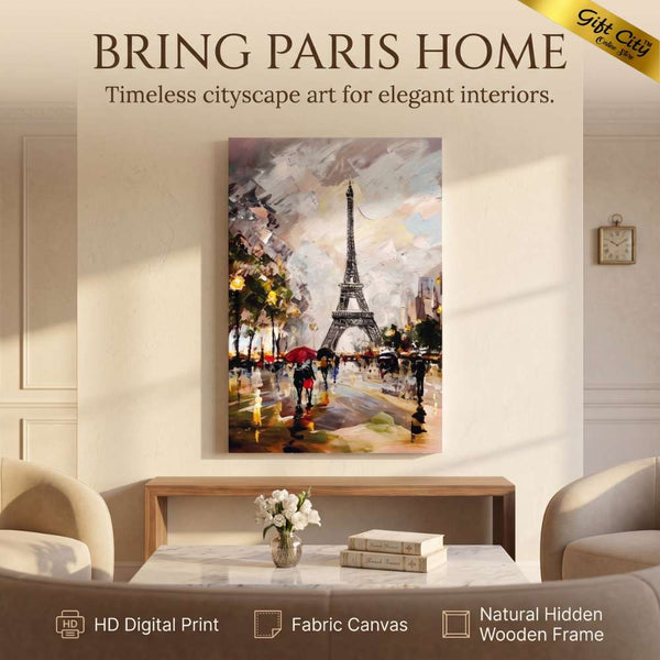 Eiffel Tower Canvas Wall Art with Wooden Frame | Paris Cityscape Painting for Home Decor