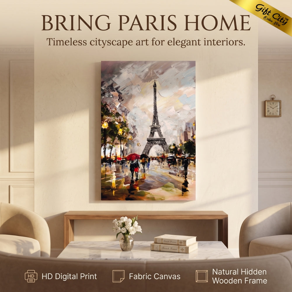 Eiffel Tower Canvas Wall Art with Wooden Frame | Paris Cityscape Painting for Home Decor