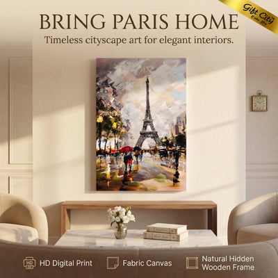 Eiffel Tower Canvas Wall Art with Wooden Frame | Paris Cityscape Painting for Home Decor