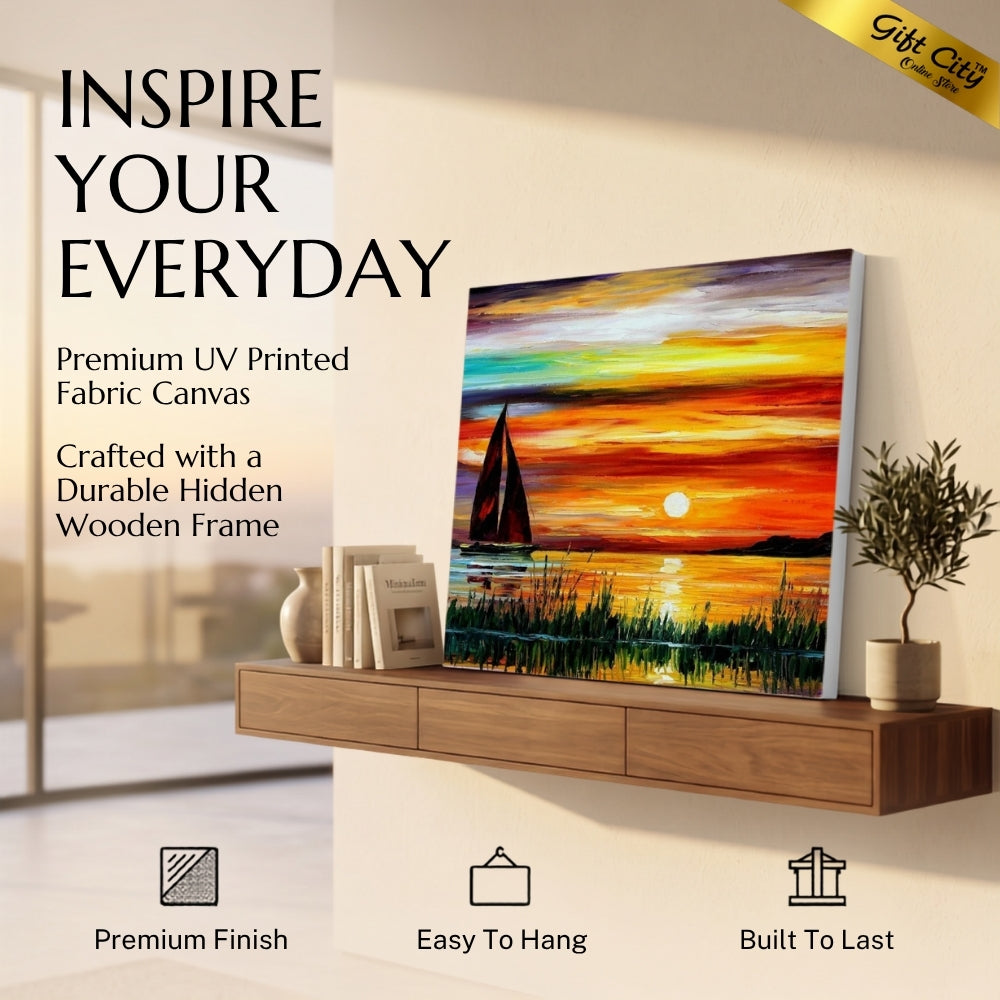 Yacht at Sunset Canvas Painting Wall Art with Wooden Frame | Sea Landscape Painting for Home Decor