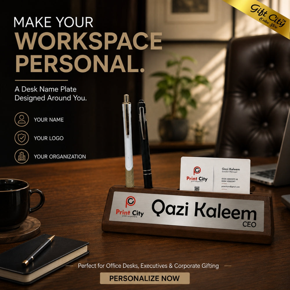 Personalized Wooden Desk Name Plate with Pen & Card Holder – Custom Office Table Name Sign | Gift City