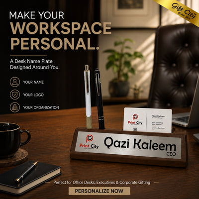 Personalized Wooden Desk Name Plate with Pen & Card Holder – Custom Office Table Name Sign | Gift City