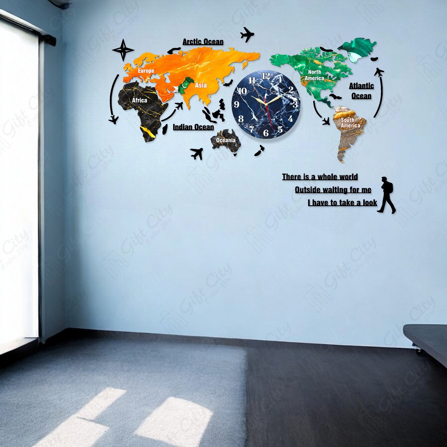 Gift City DIY Colorful Wooden World Map Wall Clock - Large 127cm for Home and Office