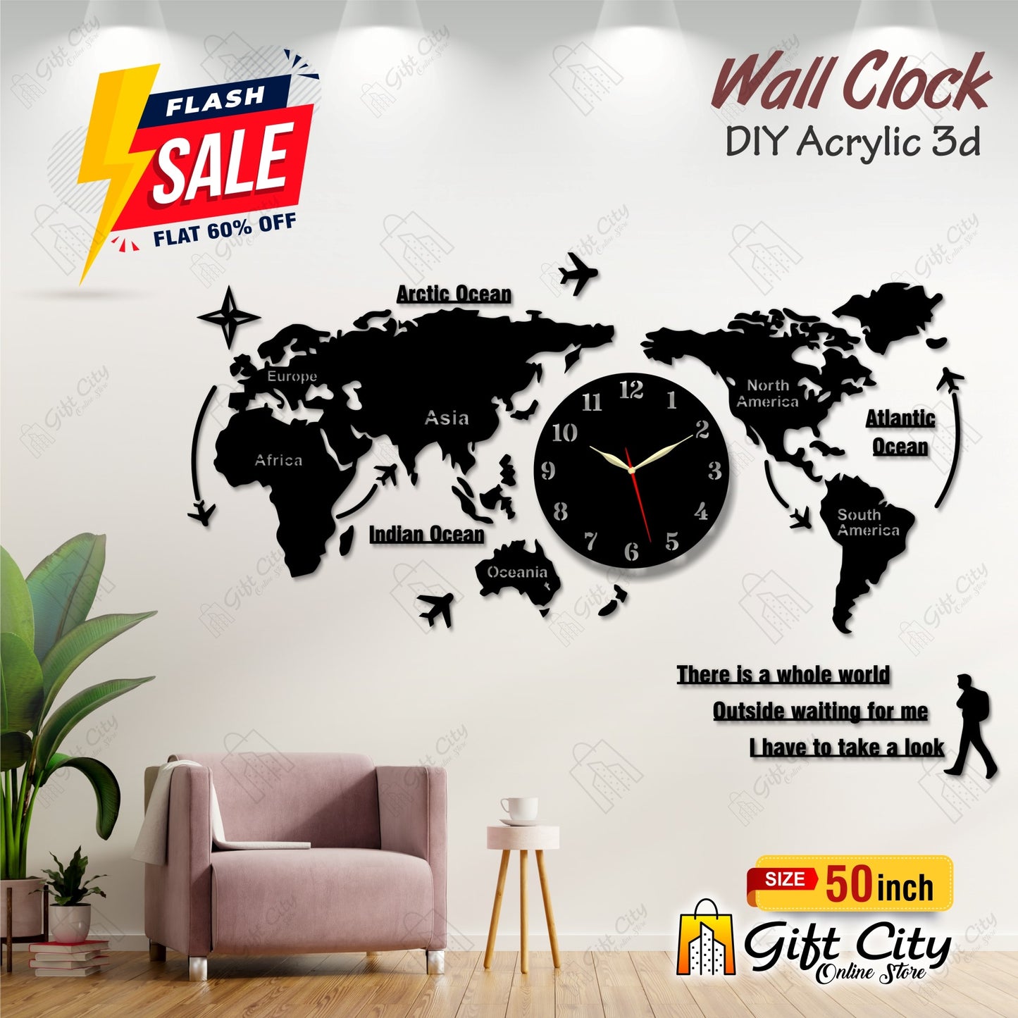 World Map Big Size Wall Clock