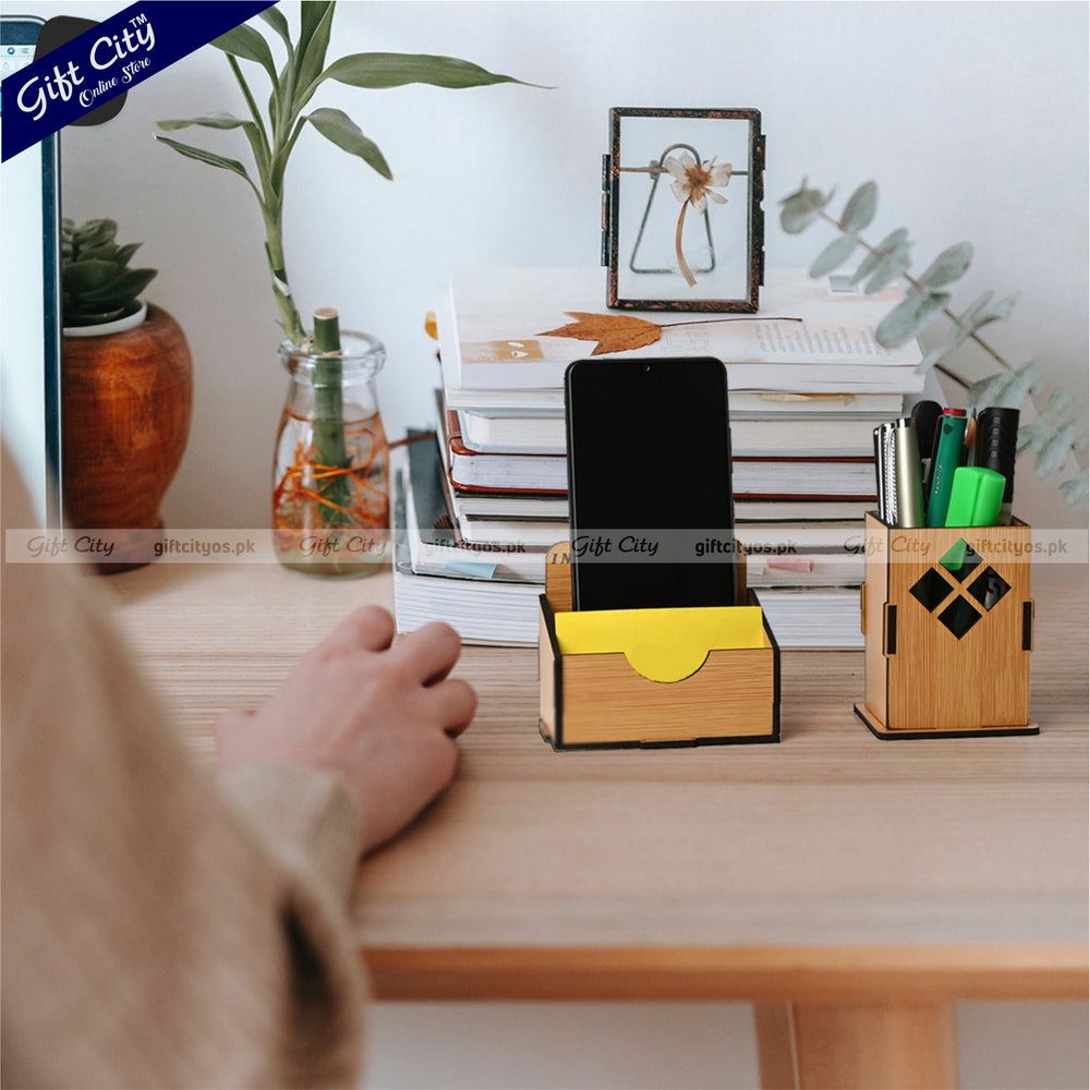 Customizable 3-in-1 MDF Wooden Desk Organizer with Mobile Stand, Card Holder & Pen Holder | Stylish Office Gift - Gift City Online Store
