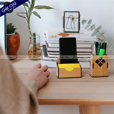 Customizable 3-in-1 MDF Wooden Desk Organizer with Mobile Stand, Card Holder & Pen Holder | Stylish Office Gift - Gift City Online Store